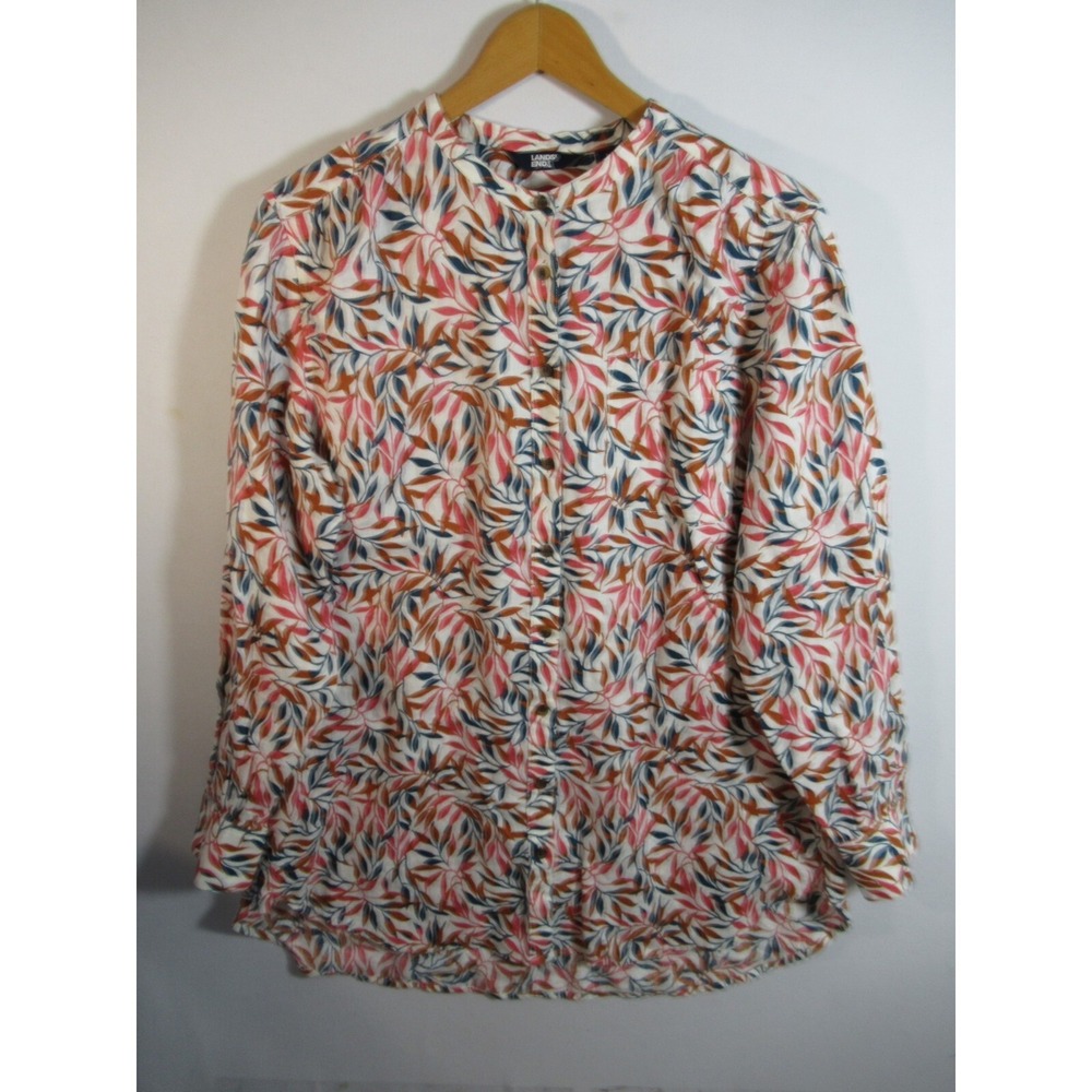 Lands End Linen Tunic Blouse Women Large Long Sleeve Pockets Floral
